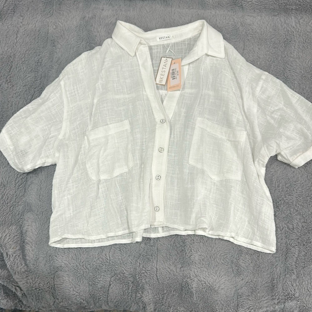 Kestan Short Sleeve Button Up Linen Tasmin Crop Top Size Large